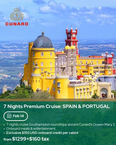 Colorful castle in Portugal promoting a 7-night Spain & Portugal cruise.
