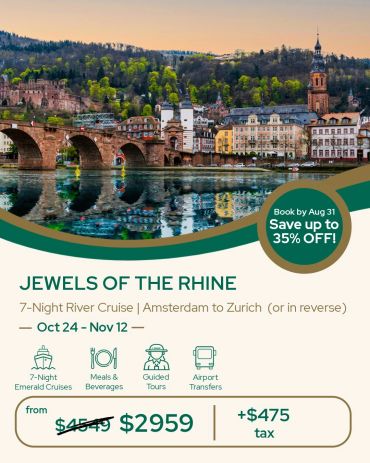 Advertisement for a 7-night Rhine river cruise with discounts.