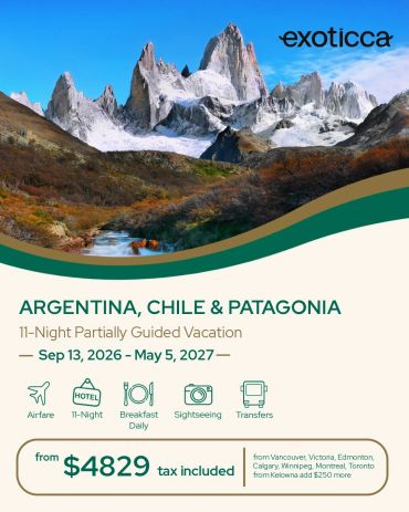 Scenic travel ad for Argentina, Chile &amp; Patagonia trip.
