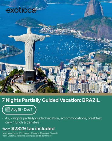 A scenic view of Rio de Janeiro with Christ the Redeemer statue promoting a 7-night guided vacation to Brazil.