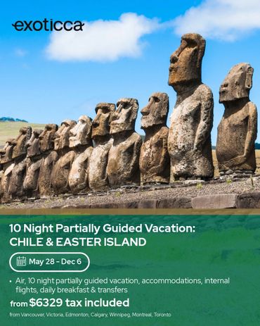 Moai statues on Easter Island featured in a Chile vacation offer.