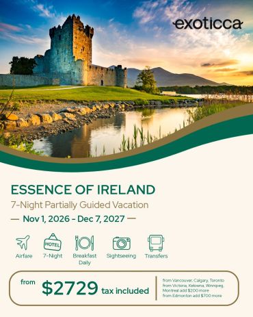 Scenic Irish castle and green landscape during sunset.