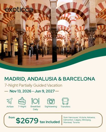 Travel package for Madrid, Andalusia, and Barcelona with airfare and hotel included.