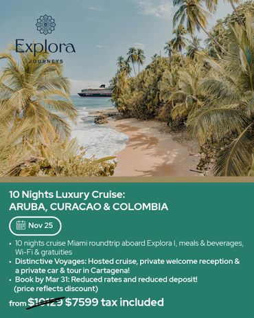 Luxury 10-night cruise to Aruba, Curacao, and Colombia with meals, Wi-Fi, and tours included.