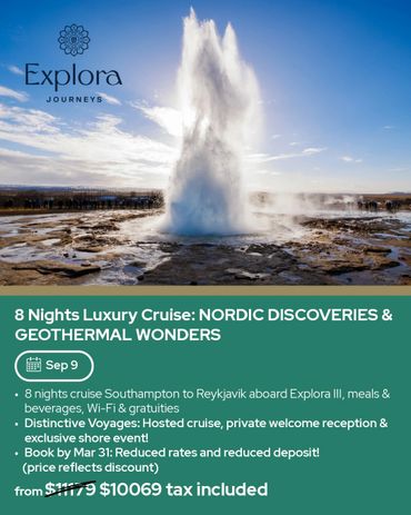 Luxury 8-night Nordic cruise from Southampton to Reykjavik with geothermal wonders.