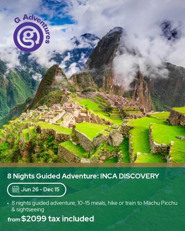 Scenic view of Machu Picchu with guided adventure details and pricing.