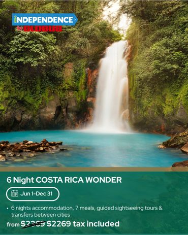 Scenic Costa Rica waterfall with travel offer for 6-night stay including meals and tours.