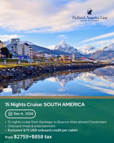 Scenic South America cruise with stunning mountain views and city reflections.