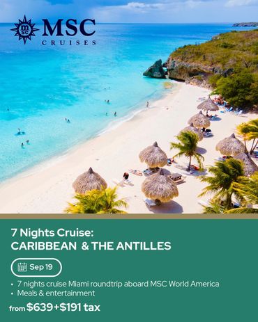 Tropical beach with clear blue water and thatched umbrellas for MSC Cruises.