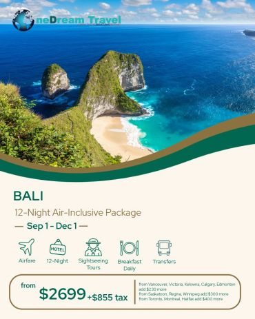 Bali 12-night air-inclusive travel package offer.
