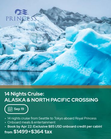 Scenic Alaska and North Pacific cruise with stunning iceberg views.