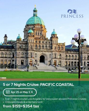 Historic building with green domes promoting Princess Cruises Pacific Coastal itinerary.