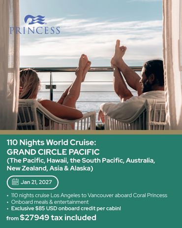 Couple relaxing on cruise balcony with ocean view, promoting 110-night Grand Circle Pacific cruise.