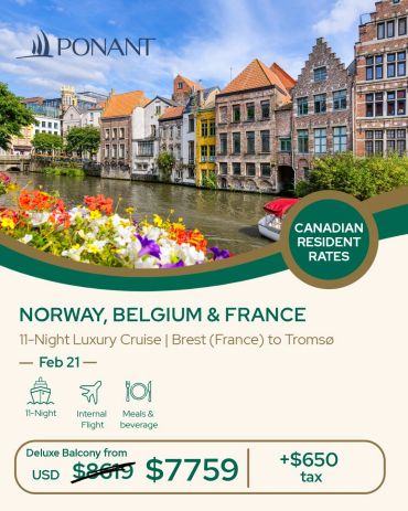 Luxury 11-night cruise from Brest to Tromsø with Canadian rates.