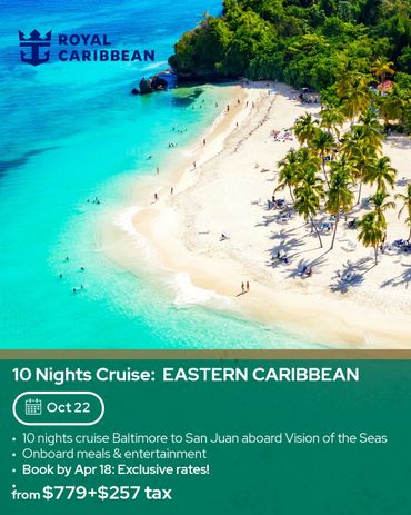 Tropical beach scene promoting a 10-night Eastern Caribbean cruise with Royal Caribbean.