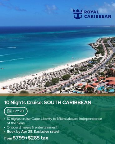 Tropical beach and clear blue water for a 10-night South Caribbean cruise.