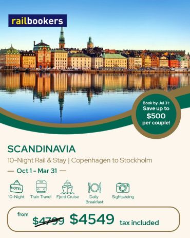 Scandinavia 10-night rail and stay offer with savings.