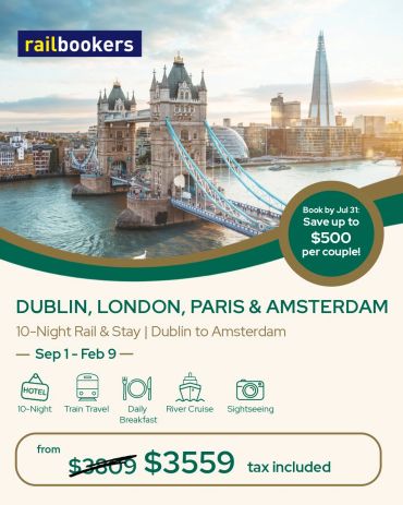 Promotional rail travel package for 10-night trip from Dublin to Amsterdam.