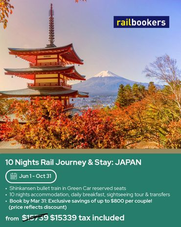 Scenic 10-night rail journey and stay in Japan with Shinkansen and sightseeing.
