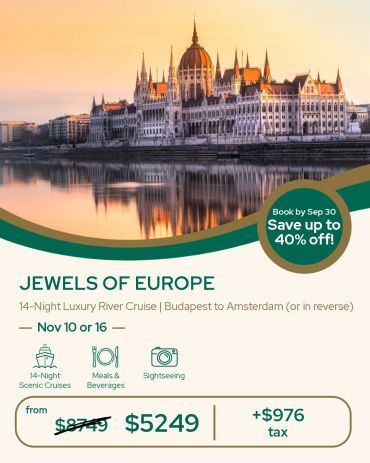 Luxury 14-night European river cruise from Budapest to Amsterdam.
