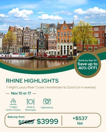 Scenic Rhine river cruise from Amsterdam to Zurich with savings offer.