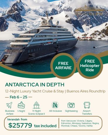 Luxury yacht cruise in Antarctica with free airfare and helicopter ride.