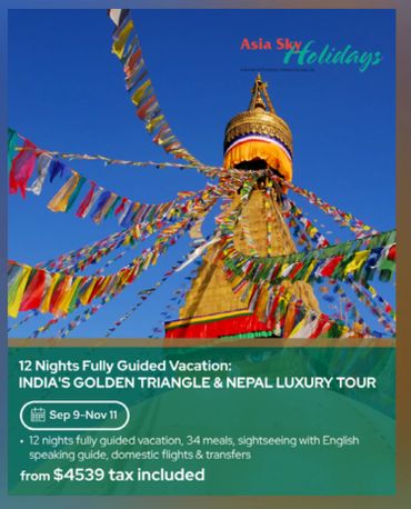Colorful prayer flags adorn a golden stupa in Nepal under a clear blue sky.