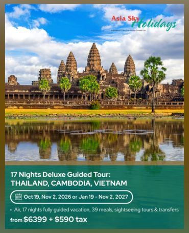 17-night deluxe guided tour of Thailand, Cambodia, and Vietnam with meals and tours.