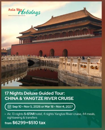 Scenic view of a traditional Chinese building with tour details for a Yangtze River cruise.