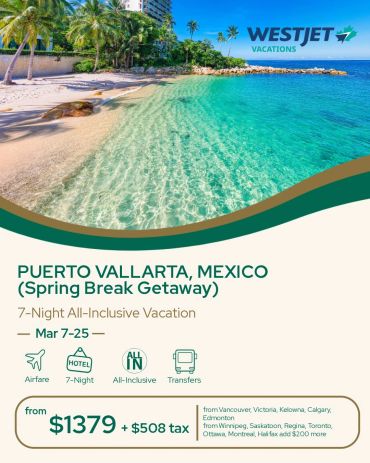 Beach vacation deal to Puerto Vallarta with all-inclusive options.