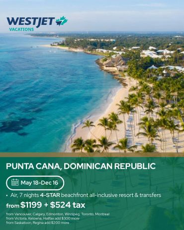 Scenic view of Punta Cana beach with WestJet Vacations offer.