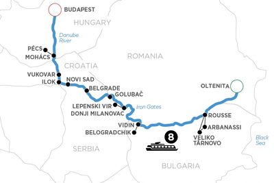 Map showing a Danube River cruise route from Oltenita to Budapest with stops in multiple cities.