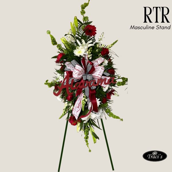 Elegant floral stand with red, white flowers and personalized name 'Adanna'.