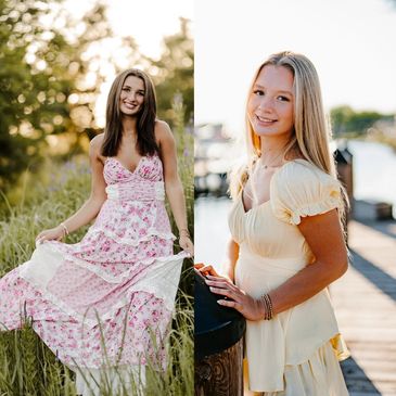Two young women posing outdoors in flowy dresses during golden hour.