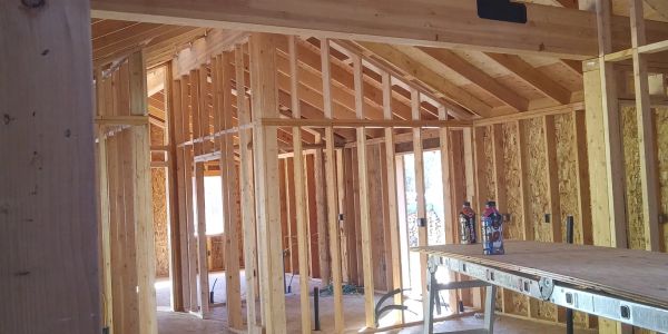 Interior framing of a house under construction.