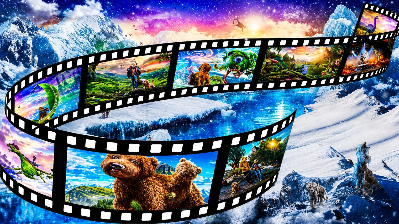 A vivid filmstrip with fantasy scenes of animals and nature in a snowy mountain landscape.