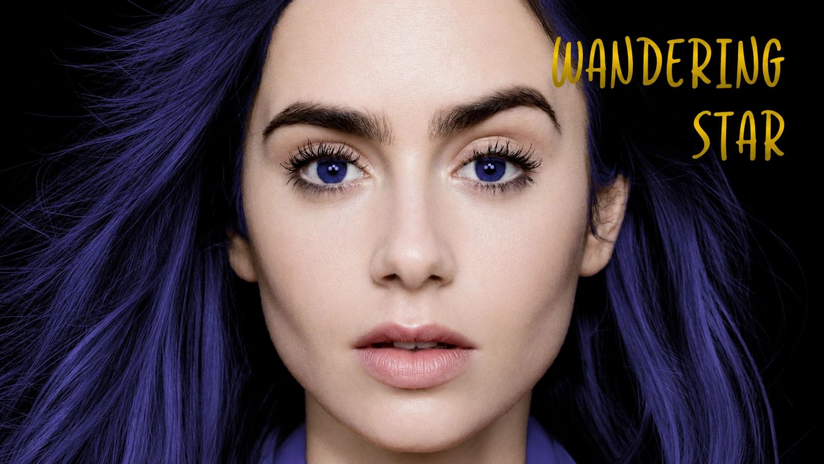 Close-up of a woman with purple hair and blue eyes, text 'Wandering Star'