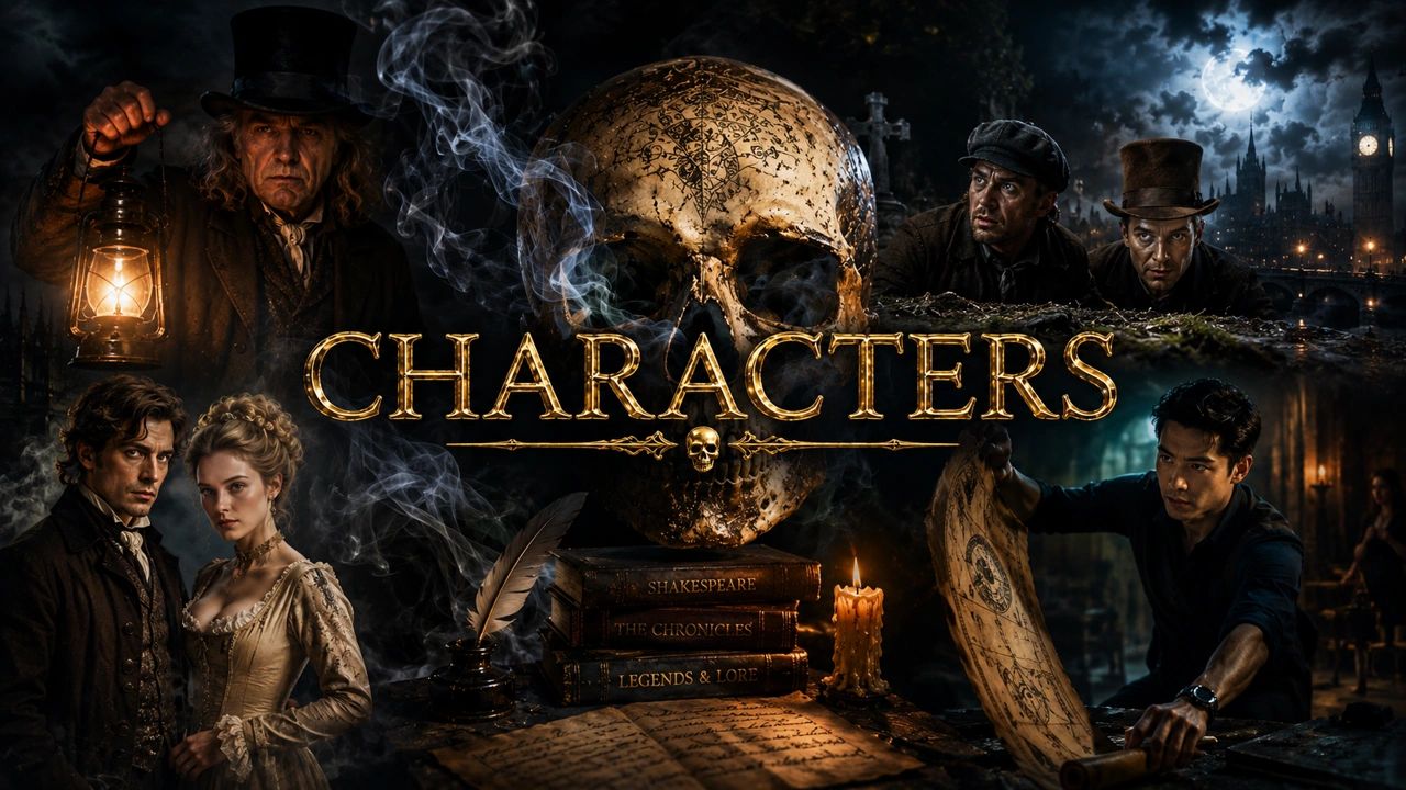 Dark-themed collage featuring historical characters and a skull with 'CHARACTERS' text.