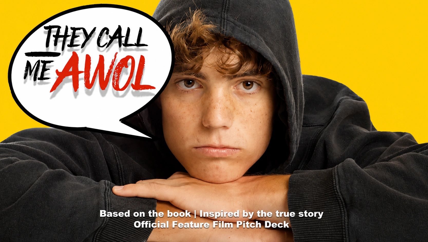 Teen boy in hoodie with speech bubble saying "They call me AWOL."