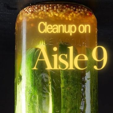 Cucumber pickle with humorous text overlay.