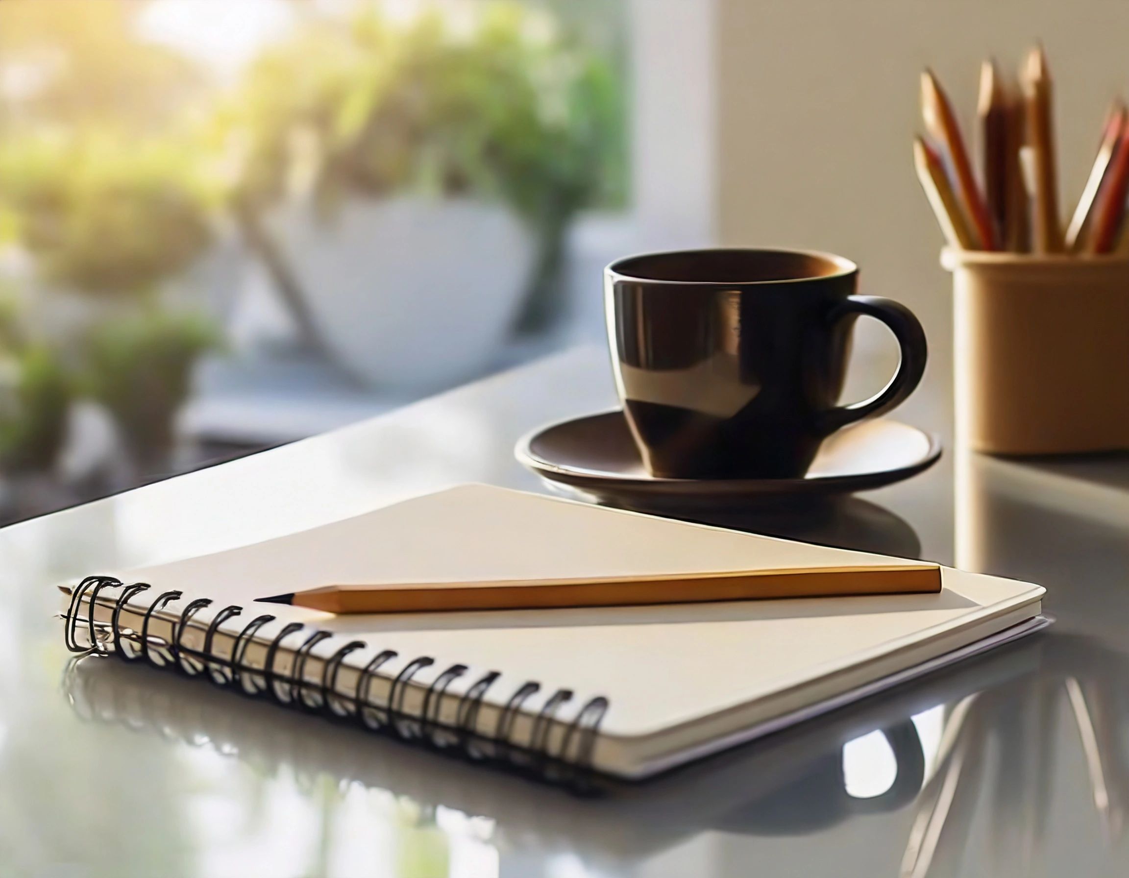 A notebook and pencil on a desk with a coffee cup and plant in soft focus background