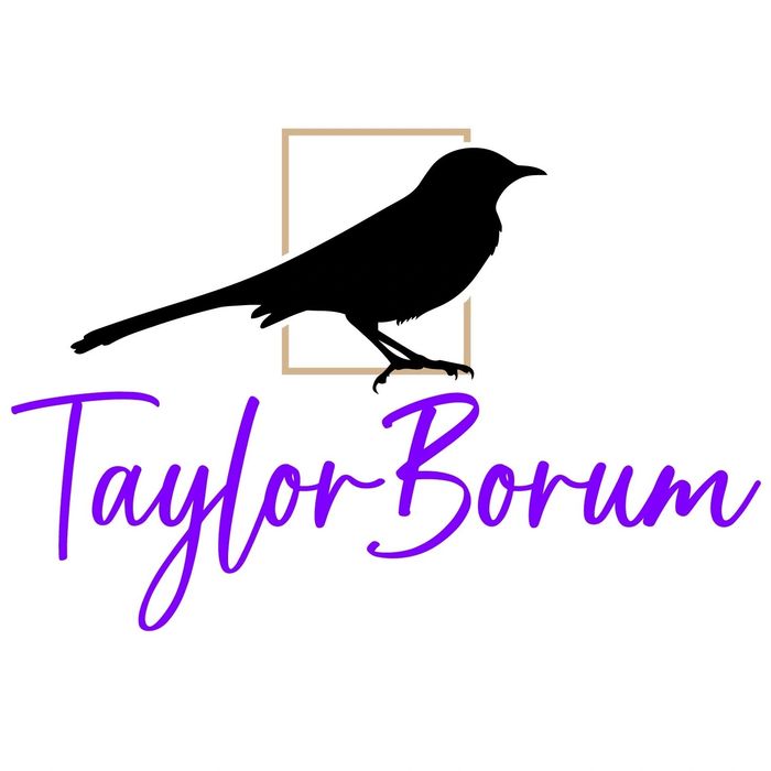 Logo featuring a black bird silhouette within a square outline above the purple text "Taylor Borum"