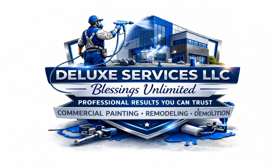 Logo of Deluxe Services LLC showing a painter and commercial building.
