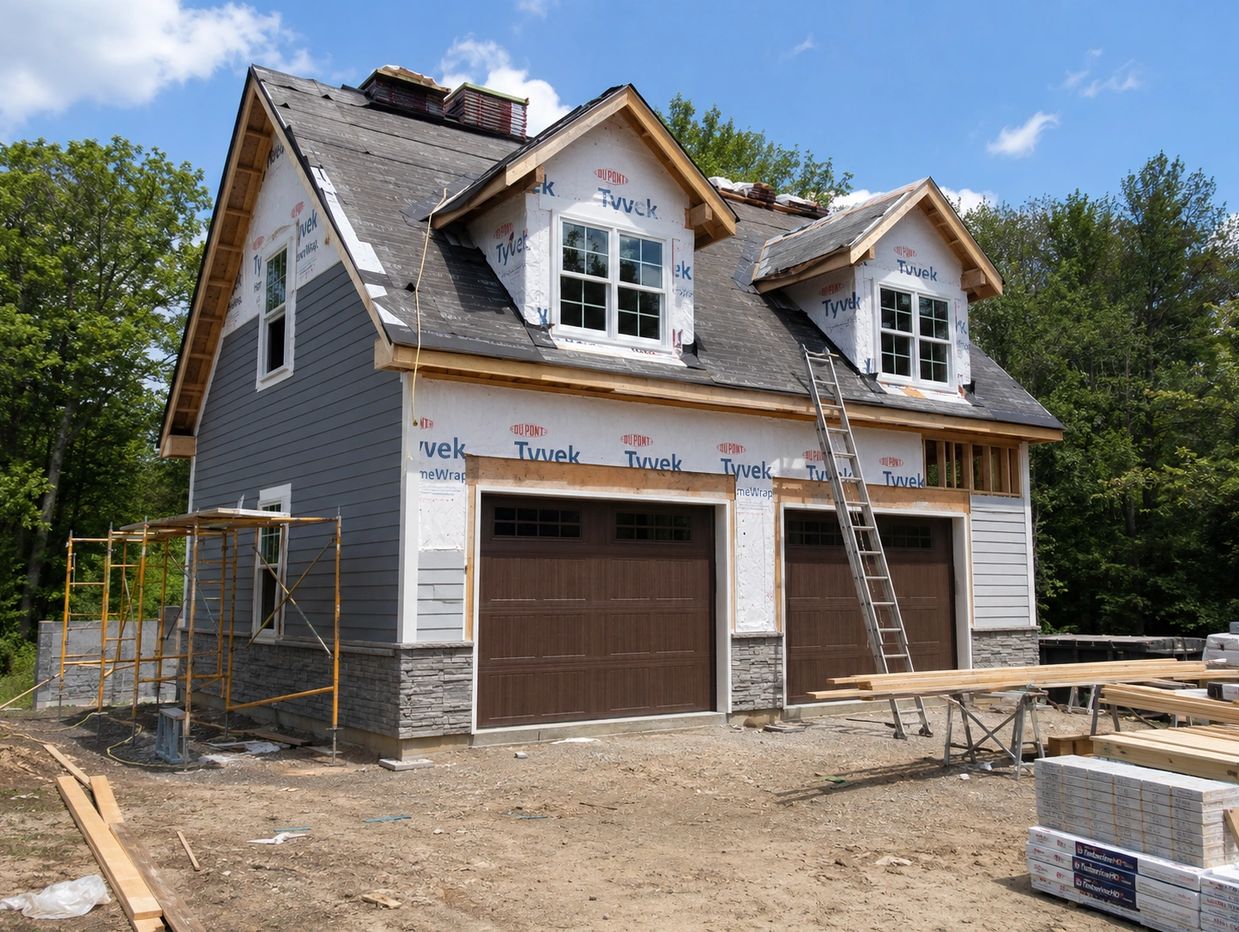 A house under construction with two garage doors and scaffolding.