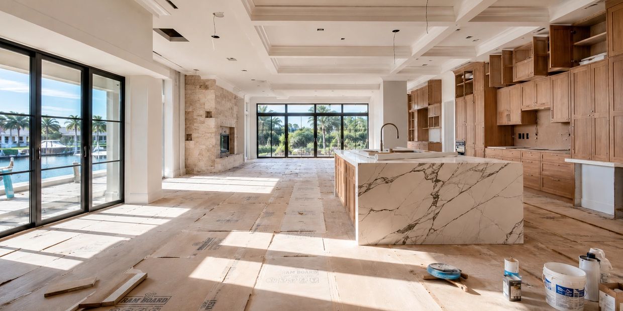Spacious modern kitchen under renovation with large windows and marble island.