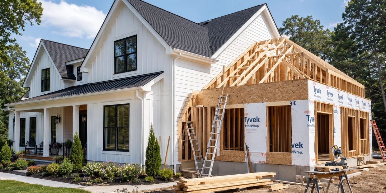 A white house with an extension under construction, framed with wood and covered in Tyvek wrap.