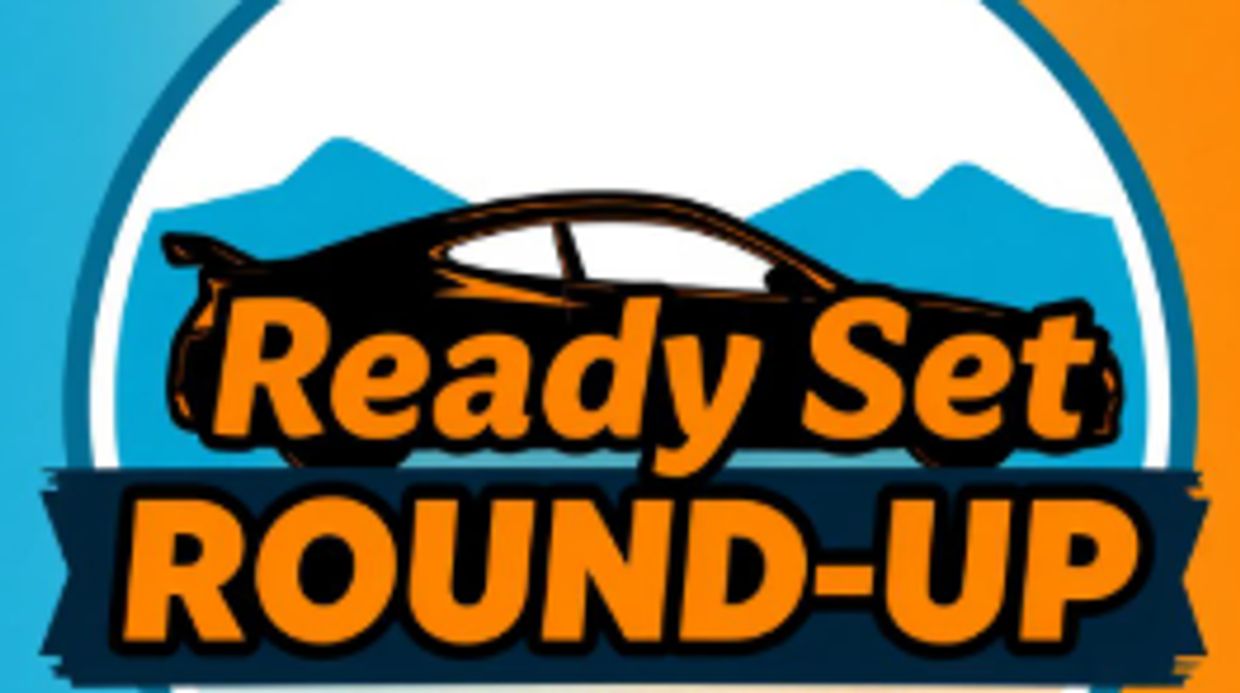 A logo with a blue and orange background. A black sports car and the words Ready Set Round-Up
