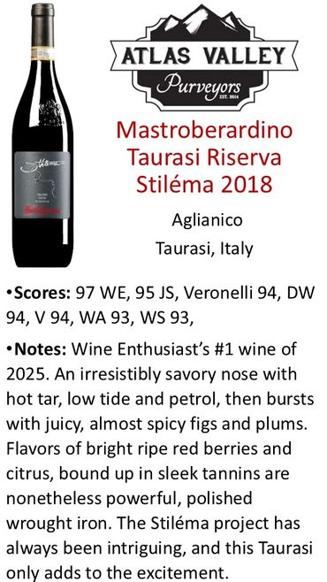 Mastroberardino Taurasi Riserva Stiléema 2018 wine from Taurasi, Italy, highly rated and praised for its rich flavors.