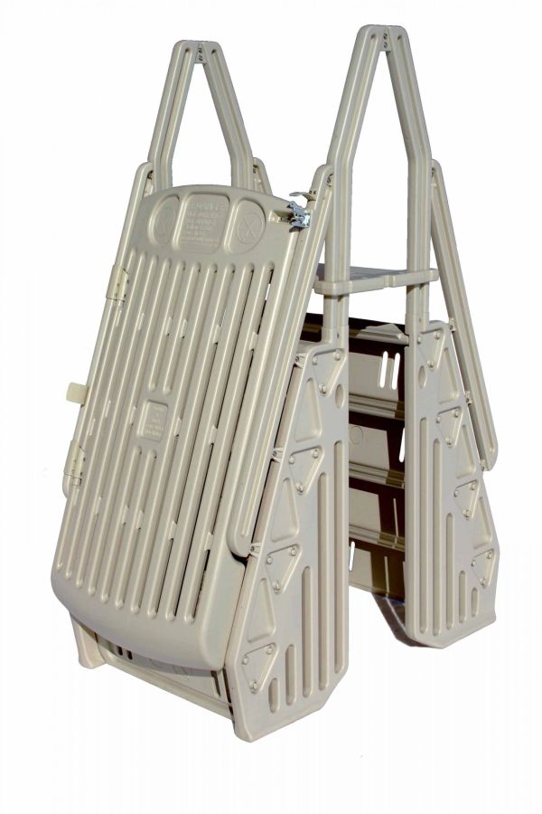 Folded plastic step ladder with handles.
