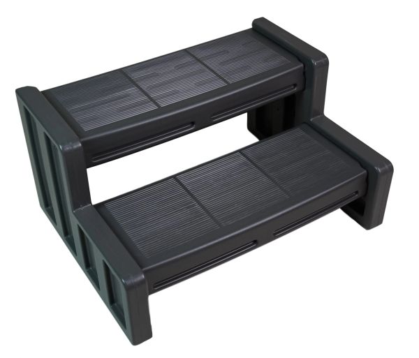 Two-step black plastic utility step stool.